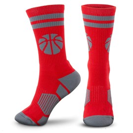 ChalkTalkSPORTS Basketball Performance Crew Socks - Classic Stripe & Ball - Red & Gray - Basketball Mid-Calf Socks - Adult