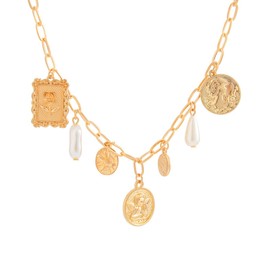 ALRNBY Gold Charm Necklace for Women Dainty Boho Pearl Coin Drop Necklace Pendant Paperclip Chain Necklace Trendy Flower Jewelry Gift