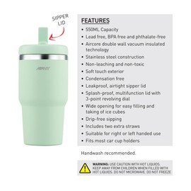 Avanti HydroQuench Stainless Steel Insulated Smoothie Tumbler with 2 Lids 550ml, Soft Mint