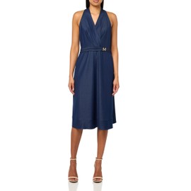 Halston Women's Sleeveless V-Neck Gold Belt Mini Dress, Dark Blue
