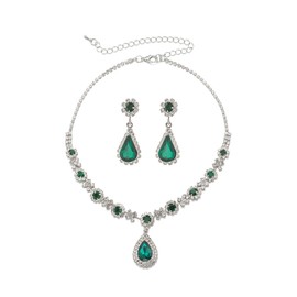 Auriselle Rhinestone Wedding Jewellery Women's 2-Piece Bridal Jewellery Sets Bridal Drop Pendant Necklace Earring Set Emerald Green Rhinestones Shiny Chains Wedding Jewellery Girls Green