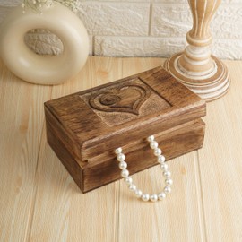 Ajuny Handcrafted Decorative Wooden Jewelry Box Heart Carved Design Vintage Style Multipurpose Treasure Chest Necklaces Watch Boxes Storage Organizer Great for Gifts Brown - 8x5 Inch