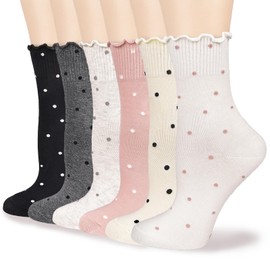 Mcool Mary 6 Pairs Women's Ruffle Socks,Casual Ankle Breathable Cool Knit Cotton Cute Polka Dot Crew Sock 6 Pack