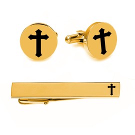 Engraved Gold Cross Cufflinks & Tie Clip Set - Ships From USA