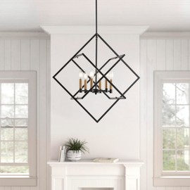 Aiwen Modern 6-Light Kitchen Island Pendant Light Fixture Matte Black Pendant Lighting Geometrical Farmhouse Chandeliers Candle Hanging Lighting for Dining Roon Bar E12