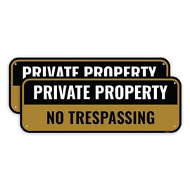 2PC Private Property No Trespassing Sign, 10 x 3.5 Inches - Aluminum - Black Gold - Metal No Tresspassing Small Sign