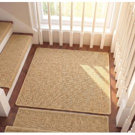 Nuanchu 15 Pcs Bullnose Carpet Stair Treads Non Slip Stairs Treads Washable Bullnose Carpet Pads for Indoor Wooden Steps Pet Safety Rugs (29.5"x9.4",Jute)