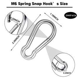 200PCS 2.36'' Spring Snap Hook, M6 1/4Inch Galvanized Silver Steel Carabiner Clip, Small Carabiner Clip 260LBS Holding Capacity Quick Link Clip Keychain for Hammock Dog Leash & Camping Gym