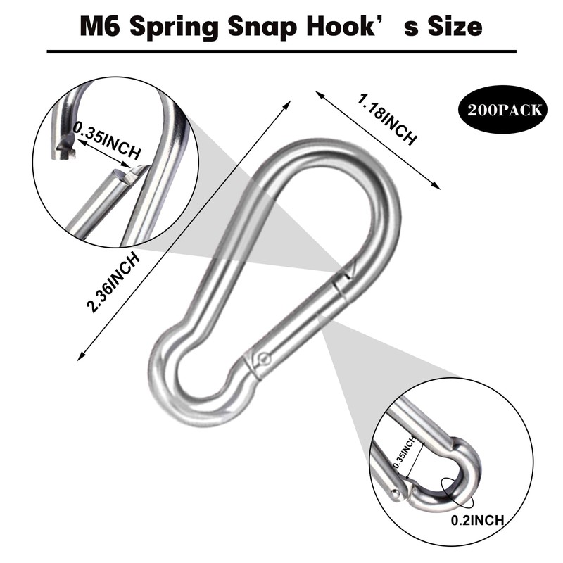 200PCS 2.36'' Spring Snap Hook, M6 1/4Inch Galvanized Silver Steel