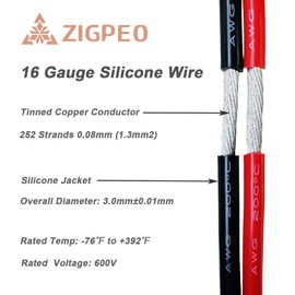 ZIGPEO 16 AWG Silicone Wire 100FT, Extra Flexible 16 Gauge Stranded Copper Wire, High Temp 392℉ 600V - RC, Automotive, Battery | Tinned Copper Conductor - 50FT Red & 50FT Black Spools