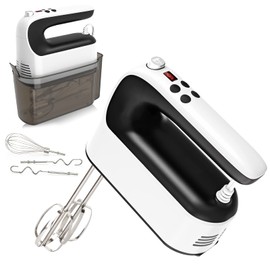 Yomelo 9-Speed Digital Hand Mixer Electric, 400W Powerful DC Motor, Baking Handheld with Snap-On Storage Case, 5 Stainless Steel Accessories, Flat Beaters, Dough Hooks, Whisk(White/Black)