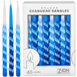 Zion Judaica Ltd Set of 45 Dripless Hanukkah Candles Spiral Candle Includes a DIY Dreidel, Prayer Card, Standard Size Menorah Candles for Eight Nights of Chanukah, Multi Tone Blue and White Ombre