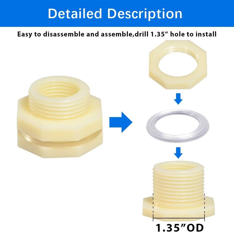 Quickun 3/4" ABS Bulkhead Water Tank Connector Adapter Fitting with