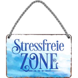 WOGEKA ART Retro Tin Sign – Stress-free Zone Sun Sea Beach – Funny Saying as Gift Idea Birthday Christmas Decoration 18 x 12 cm Vintage Design Hanging Sign Metal HS349