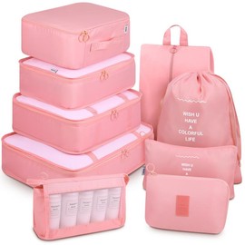 Mossio 9 Set Packing Cubes with Shoe Bag & Electronics Bag - Luggage Organizers Suitcase Travel Accessories - Color: White Cactus