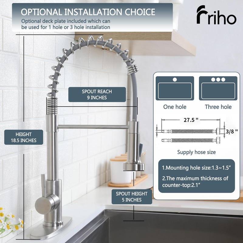 Friho Brushed Nickel Kitchen Faucets with Pull Down Sprayer, Stainless