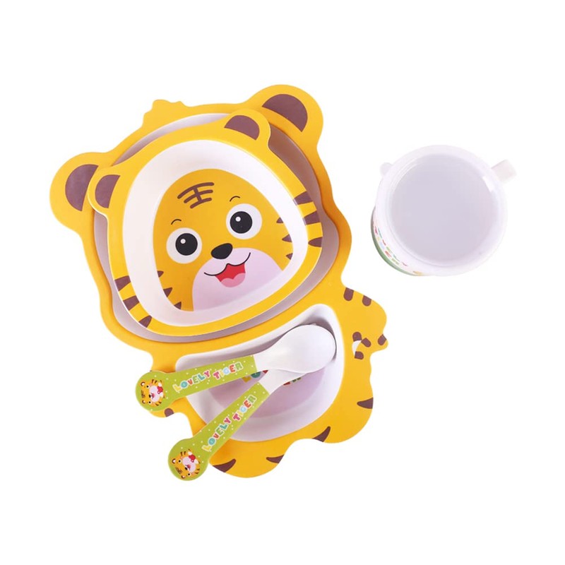 Fekdod Bamboo Kids Dinnerware Set 5 Pcs Includes Plate Bowl