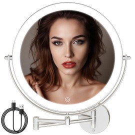Batuso 10" Wall Mounted Makeup Mirror with Light, 3000mAh Rechargeable Double Sided 1X / 7X Magnifying Vanity Mirror, 3 Color Lights Touch Dimmable 360° Rotation Bathroom Mirror, Chrome