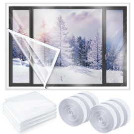 Beeveer 3 Sets 63 x 63 Inch Window Insulation Kit Cuttable Transparent Film with Adhesive Straps Reusable Window Plastic for Patio Winterizing Thicken Warm Winter Waterproof Attic Insulation Cover