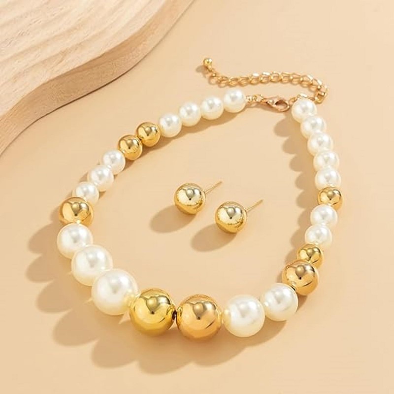 KONPJE - Juego de collar de perlas grandes para mujer,