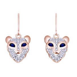 Round Shape Simulated Blue Sapphire With White CZ Lion Face Dangle Earrings In 14K Rose Gold Over Sterling Silver