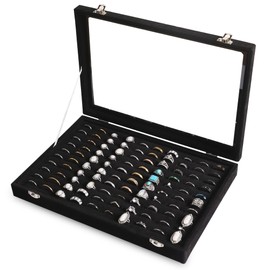 Frebeauty Ring Organizer Tray 100 Slots Ring Holder with Clear Lid Velvet Storage Box Jewelry Tray for Jewelry Store Earring Display Case for Jewelry Show Studs Box for Women(Black)