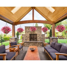 Ammyoo Artificial Hanging Flowers in Basket for Patio Garden Porch Deck Spring Summer Decoration, Artificial Daisy Arrangement,Fake Plants in 12 inch Coconut Lining Basket for Outdoor/Indoor(Pink)