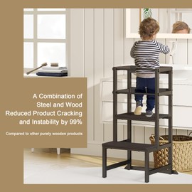 INNOD Kitchen Step Stool for Toddlers, Height Adjustable Toddler Tower with Safety Rail, Steel and Wood Toddler Kitchen Stool Helper Kids, Stool for Kids, Learning Tower, Kids' Desk Black