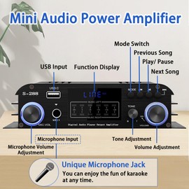 4 Channel Bluetooth 5.0 Stereo Amplifier 50Wx4 HiFi Power Amplifier, 1200W Max USB/SD/FM Inputs Class D Audio Amp with Remote and Power Adapter for Home Theater & Karaoke