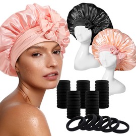 Kit 2pzs Gorro de Seda para Dormir + 100 Ligas para Cabello,Gorro Satin para Dormir,con Banda Elástica,sin Sensación de Opresión,Cabello Anti-Frizz,para Dormir,Ducha y Belleza(Negro + Color de Piel)