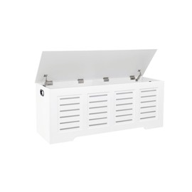 DINZI LVJ Storage Chest, 47.3” Wooden Toy Box with 2 Safety Hinges, Retro Entryway Shoe Storage Bench with Flip-Top, Sturdy Large Storage Trunk for Living Room, Bedroom, Easy Assembly, White