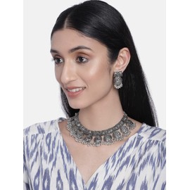 I Jewels Oxidised Silver Plated Afghani Choker Necklace Jewellery Set for Women