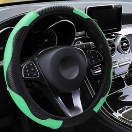 LMYDIDO Car Steering Wheel Cover Leather, Anti-slip Breathable Carbon Fiber Sports Elastic Band Without Inner Ring Steering Wheel Cover Universal Size 37-39cm /14.5-15 (Green)