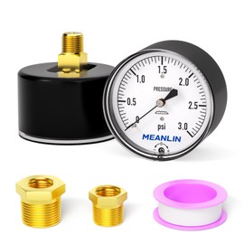 MEANLIN MEASURE 0-3psi Diaphragm Type Capsule Low Pressure Gauge 1/4" NPT 2-1/4" FACE DIAL Adjustable Water Column Gauge, with 1/4" x 1/2" NPT and 1/4" x 3/8" NPT Hex Bushing, Back Mount