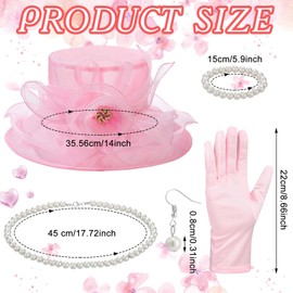 Aurelema 5 Pcs Derby Fascinator Hat Gloves Set for Women Tea Party with Pearl Necklace Bracelet and Earring(Pink,Satin)