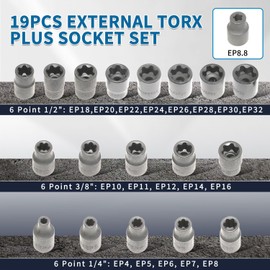 External Torx Plus Socket Set 6 Point EP Socket EP4, EP5, EP6, EP7, EP8, EP10, EP11, EP12, EP14, EP16, EP18, EP20, EP22, EP24, EP26, EP28, EP30, EP32 with 1/2'' 3/8'' 1/4'' Dr E-Torx Plus Sockets 19pc