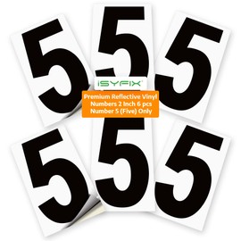 iSYFIX Black Vinyl Number 5 (Five) Stickers - 6 Pack 2 inch - Premium Decal, Reflective Background, Pre-Spaced for Mailbox, Signs, Window, Door, Cars, Truck, Home, Business, Address, Indoor & Outdoor