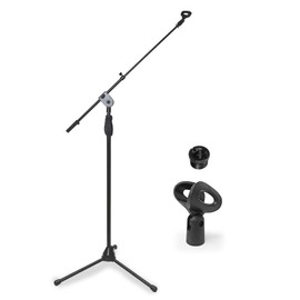 AxcessAbles One-Handed Mic Stand| Clutch Height Adjustment Tripod Microphone Stand with Telescopic Boom Arm | Soft Grip Height Adjust Stand | Performer's Microphone Stand | Collapsible Tripod Base