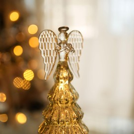 Gold Mercury Glass Christmas Tree with Angel for Home Decor, Christmas Table Decorations Lighted Xmas Tree with Timer for Living Room Mantel Tabletop Party