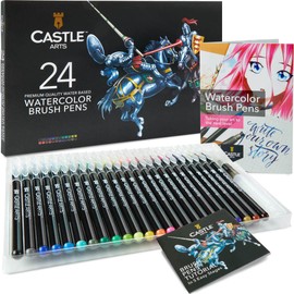 Castle Art Supplies Watercolour Brush Pens Set of 24 - Vibrant Markers - Flexible Nylon Brush Tip for Colouring Books, Calligraphy, Drawing and Writing - Non-Toxic Including Extra Water Brush Pen