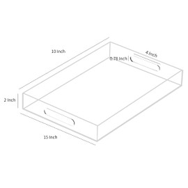 MUKEEN Clear Sturdy Acrylic Serving Tray with Handles 10x15x2H Inches -Spill Proof- Decorative Trays Countertop Organizer for Ottoman Coffee Table Nightstand, sidetable, Breakfast, Tea, Food