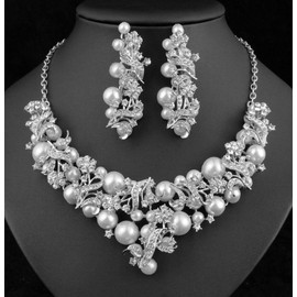 Bouquet Faux Pearl White Austrian Rhinestone Bib Necklace Earrings Set Prom N921 (Silver)