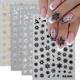 4Sheets Snowflake Nail Art Stickers 3D Self Adhesive Winter Nail Stickers Christmas Nail Decals with Snowflake Charms Rhinestones Nail Design Stickers Black White Gold Silver Xmas Elk Nail Supplies