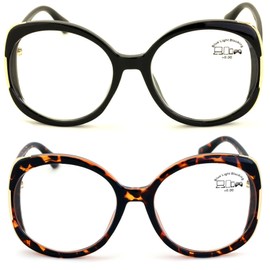 V.W.E. 2 Pairs Women Oversized Fashion Butterfly Anti Blue Ray UV Reading Glasses Reader Clear Lens (1 Black 1 Tortoise, 0.00, multiplier_x)