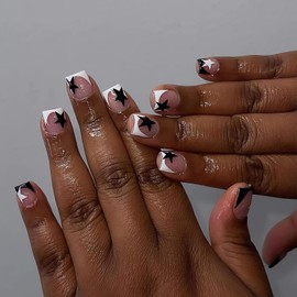 Star Press on Nails Short Square Fake Nails Black White French Tips Acrylic Nails Press ons Glossy Finish Glue on Nails Independence Designs False Nails Cute Stick on Nails for Women Nail Art 24Pcs