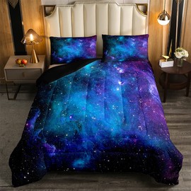 Erosebridal Purple Galaxy Comforter Moon Star Bedding Sets Twin Night Starry Sky Space Comforter Set Reversible Black Nebula Stars Quilt Duvet for Boys Girls 2 Pillow Cases Navy Blue