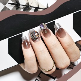 JODSONE Press on Nails Gold Square Cat Eye Handmade 3D Fake Nail Tips Reuseable Fashionable Design Long Lasting Fit Easy to Create Exquisite Fingertips- Medium