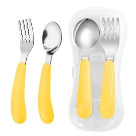 VANRA - Juego de 2 tenedor y cuchara para niños pequeños con estuche de viaje 18/8 utensilios de acero inoxidable para niños pequeños, cubiertos para niños y niños, juego de cubiertos para la lonchera escolar (amarillo)