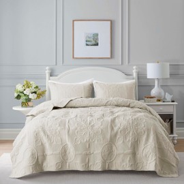 Light Beige Damask Quilt King Size Bedding Sets with 2 Pillow Shams, Boho Bedspread Lightweight Soft Farmhouse Vintage Bohemian Coverlet Retro Jacquard Pattern Bed Cover for All Season, 3 Pieces