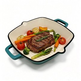 YYJINGYOU Enameled Cast Iron Square Grill Pan, Nonstick Skillet Steak Grilling Pan (Peacock Blue, 10 inch)